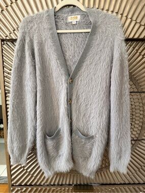 Soft Fuzzy V-Neck Cardigan Sweater in Light Gray